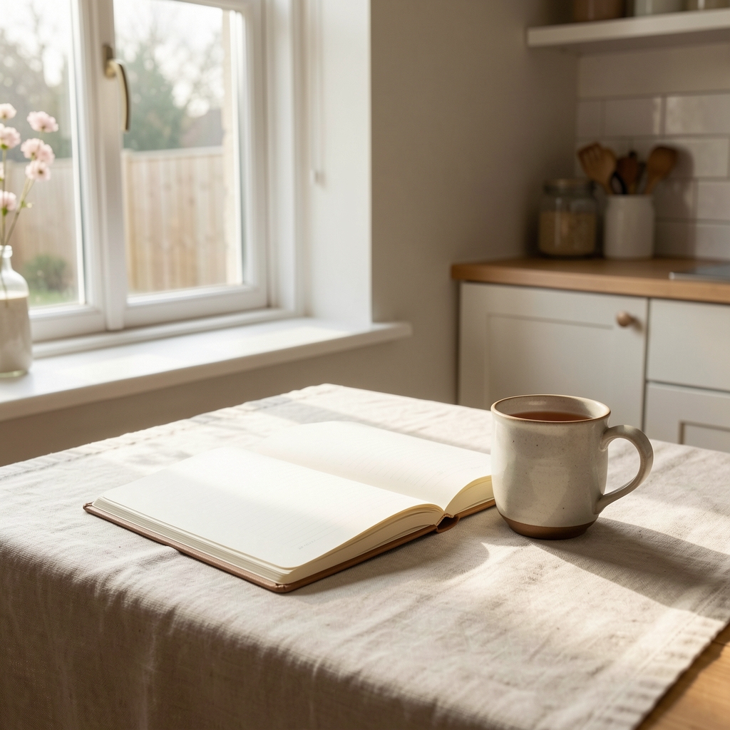 Handwritten food journal spread open on a clean wooden desk with a pencil and a small bowl of walnuts nearby, warm ambient light