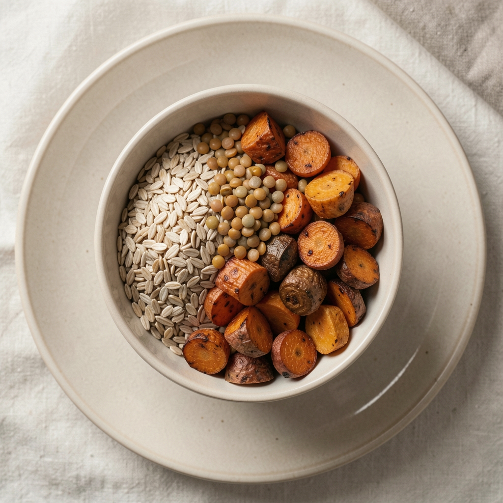 Bowl of whole grains, lentils and roasted root vegetables on a pale ceramic plate photographed from above in natural diffused light