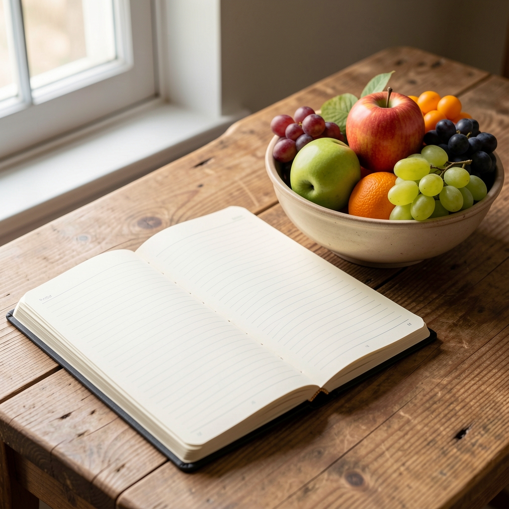 Notebook open on a wooden table beside a bowl of seasonal fruits, soft morning light casting gentle shadows across the pages