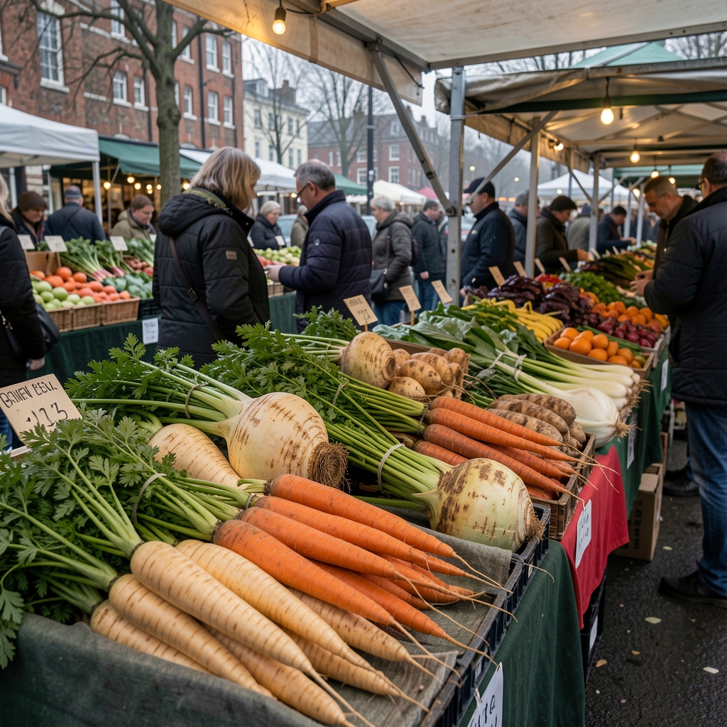Market stall displaying winter root vegetables including parsnips, carrots and celeriac, photographed in early morning grey light at a London farmers market