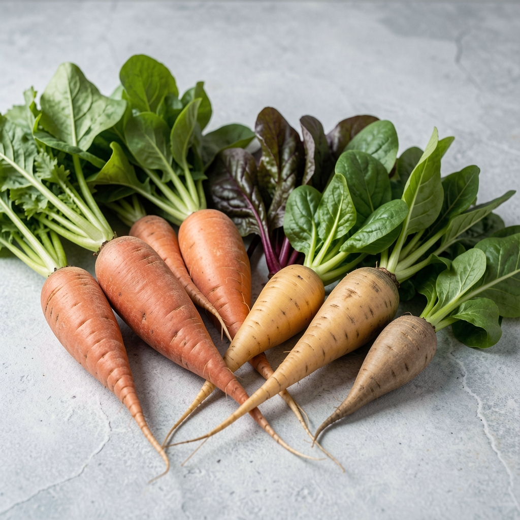 Fresh seasonal root vegetables and leafy greens on a pale grey stone surface, natural diffused light in an editorial composition