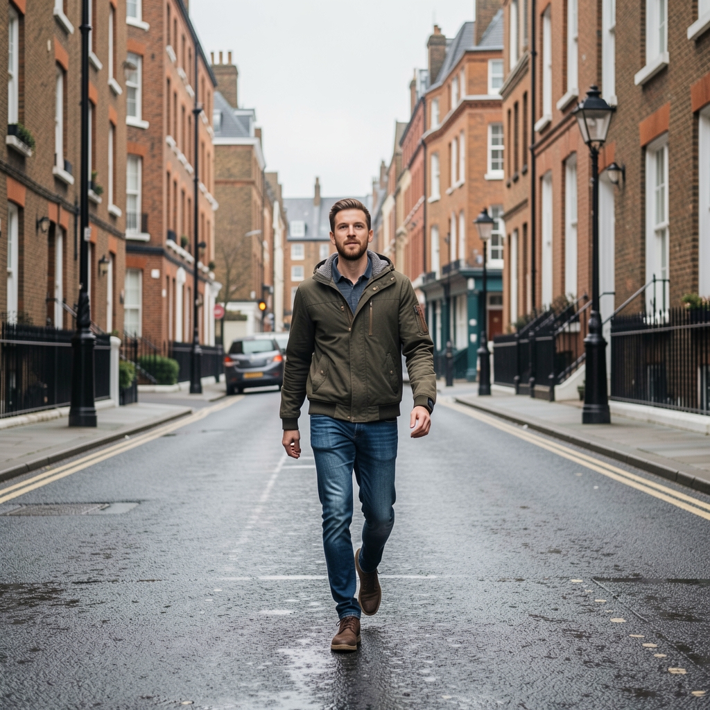 Active morning walk along a quiet London street, overcast light, person moving at a steady pace