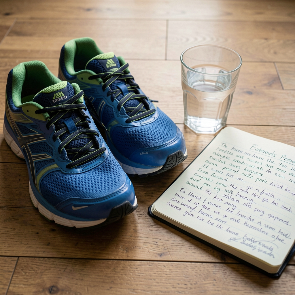 Running shoes placed neatly on a wooden floor beside a glass of water and a handwritten food journal open to a weekly log page