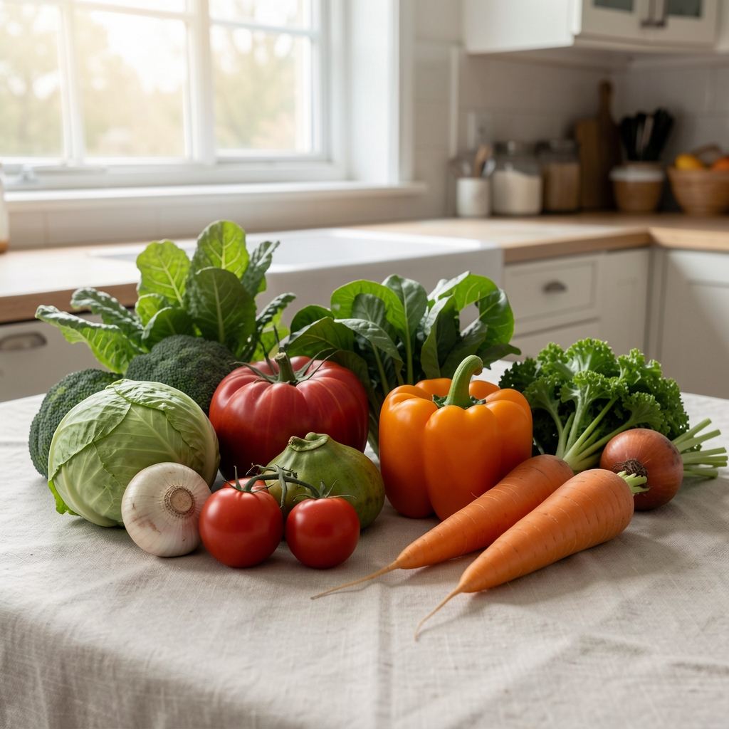 Seasonal vegetables arranged on a pale linen surface, early morning light from a north-facing kitchen window