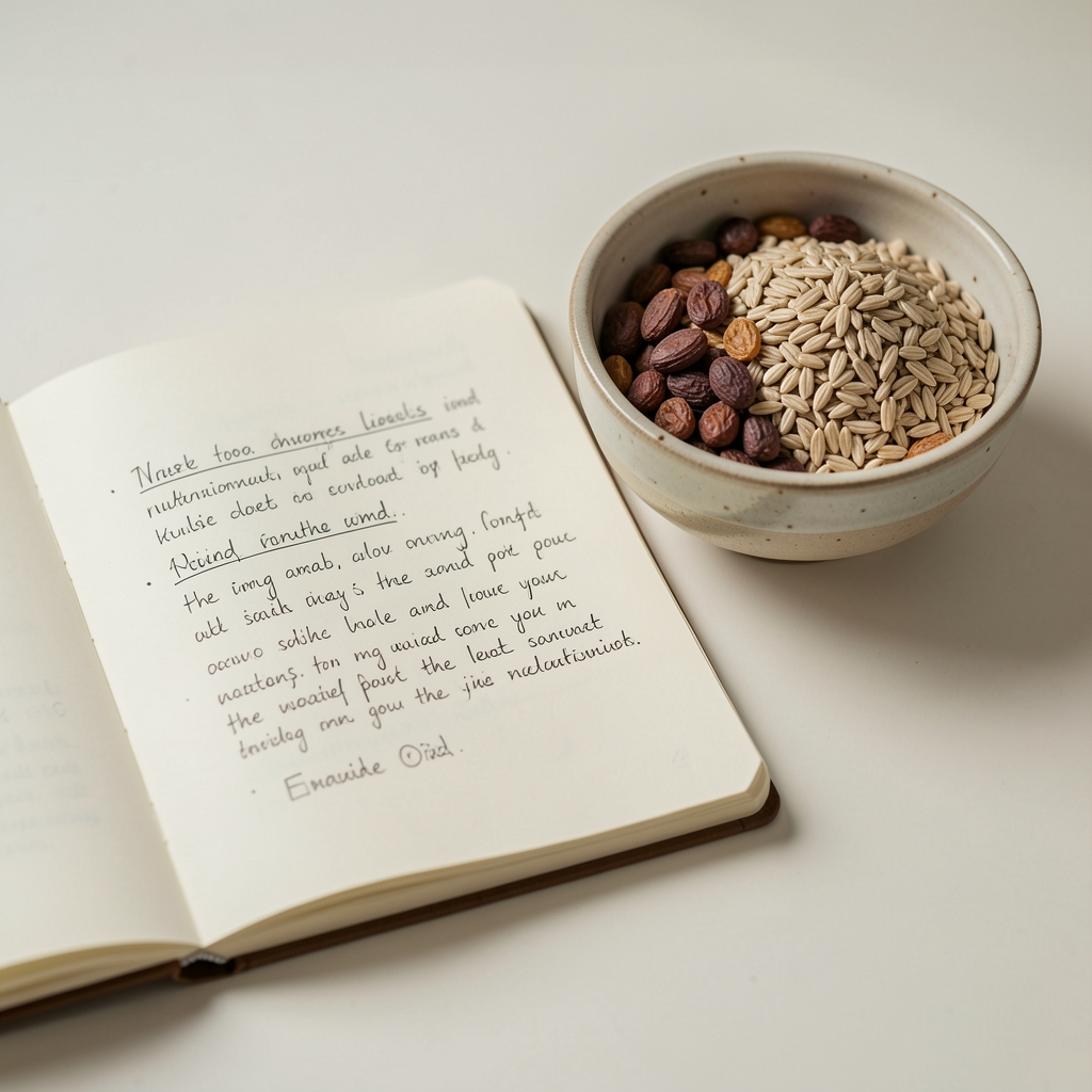 Bowl of whole foods including legumes and root vegetables on a pale stone surface, natural daylight